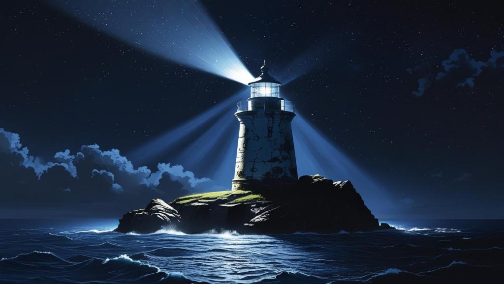 This is an image of a lighthouse with lights going in multiple directions but settling on a new spot. The purpose of the image is to provide a metaphor for readjusting the spotlight of ethical borrowing from borrower responsibility to a borrower ensuring they have clarity over what their responsibility is with respect to the loan and taking out a loan. 