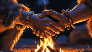 Two men from prehistoric times are shaking hands before a crackling fire.