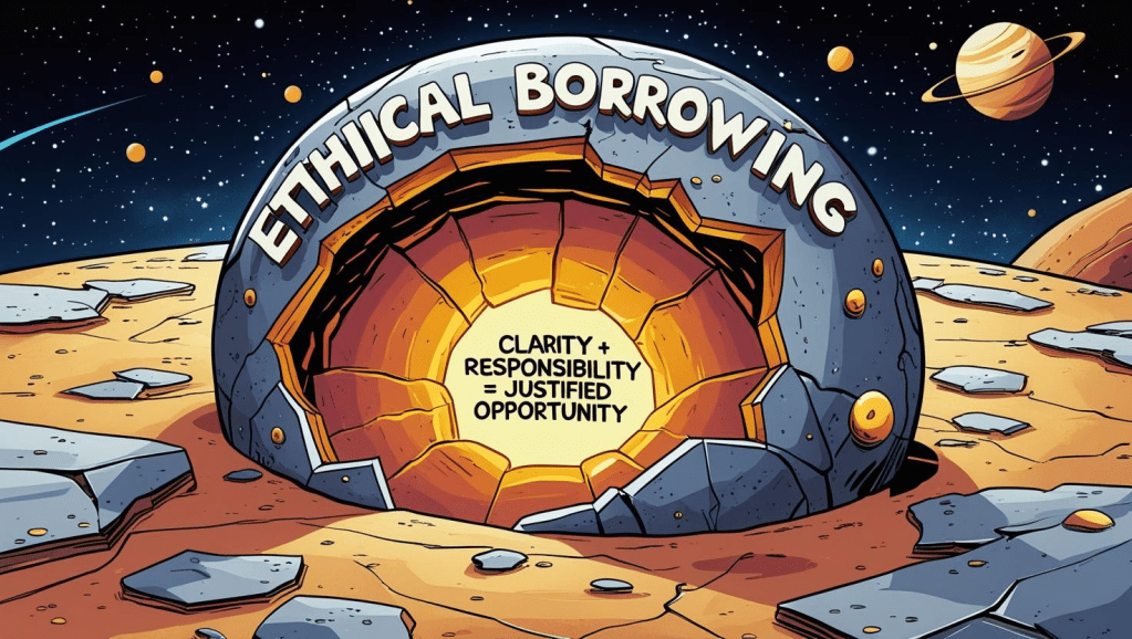 This is a picture of a planet with has the equation for ethical borrowing inside of it. This is done to show metaphorically what the article is talking about in terms of the larger concept of ethical lending. 